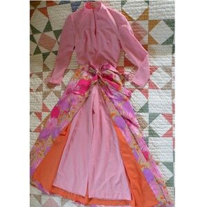 Custom Vintage 70s Pink Palazzo Hostess Jumpsuit & Flower Power Wrap Maxi Skirt